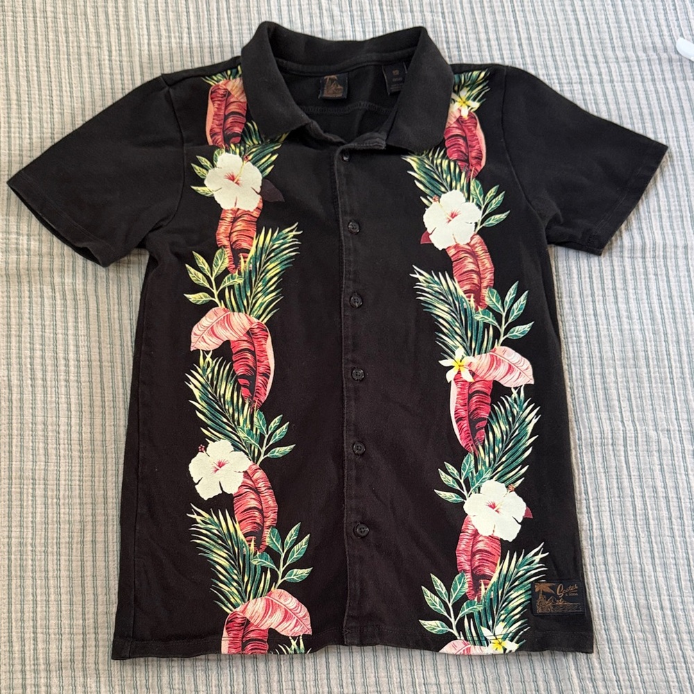 Kids Black Tropical Floral Polo Shirt